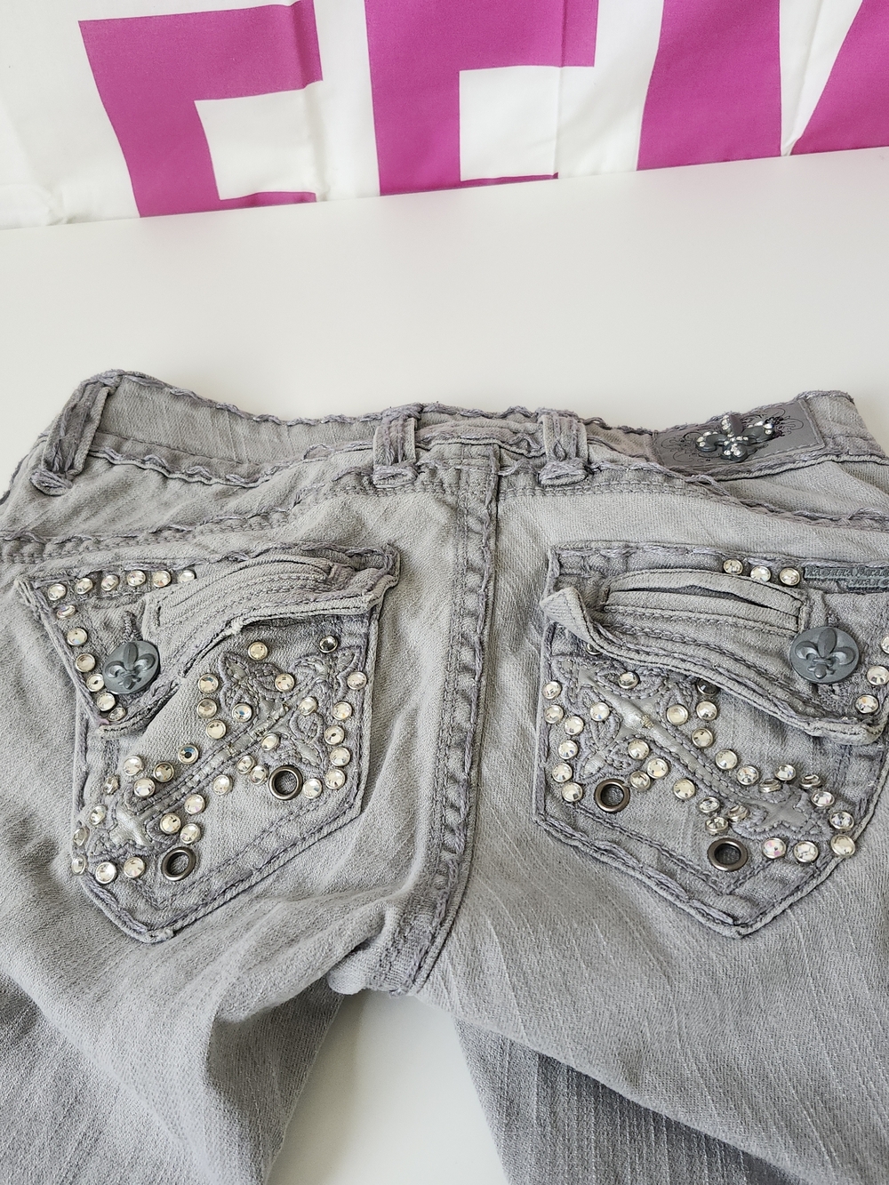RARE Y2K Swarovski Crystal Beaded Embellished Gray Distressed Jeans PREOWNED VTG